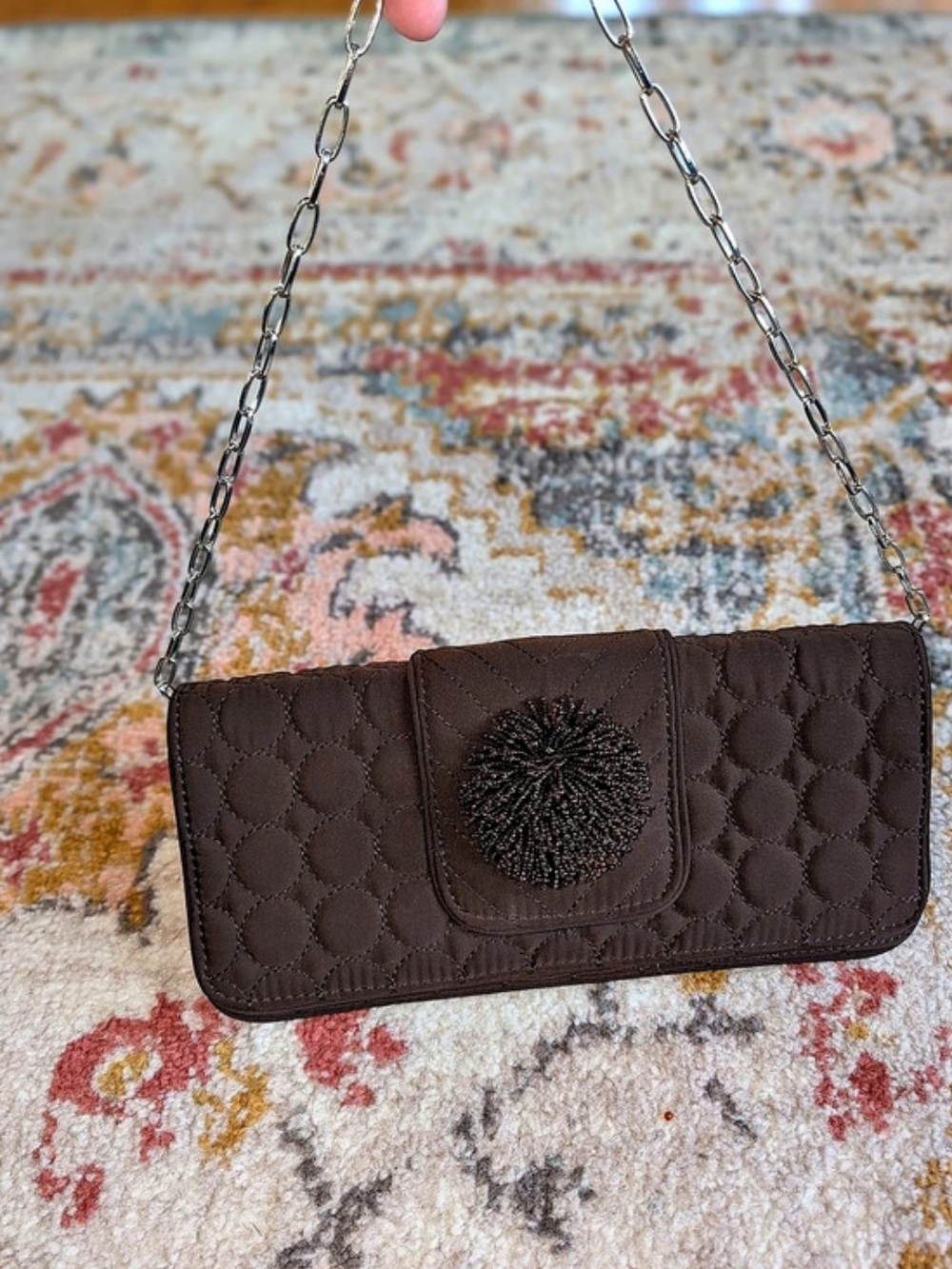 Vera Bradley Brown Chain Strap Wristlet Beaded Magnetic Quilted Shoulder Clutch